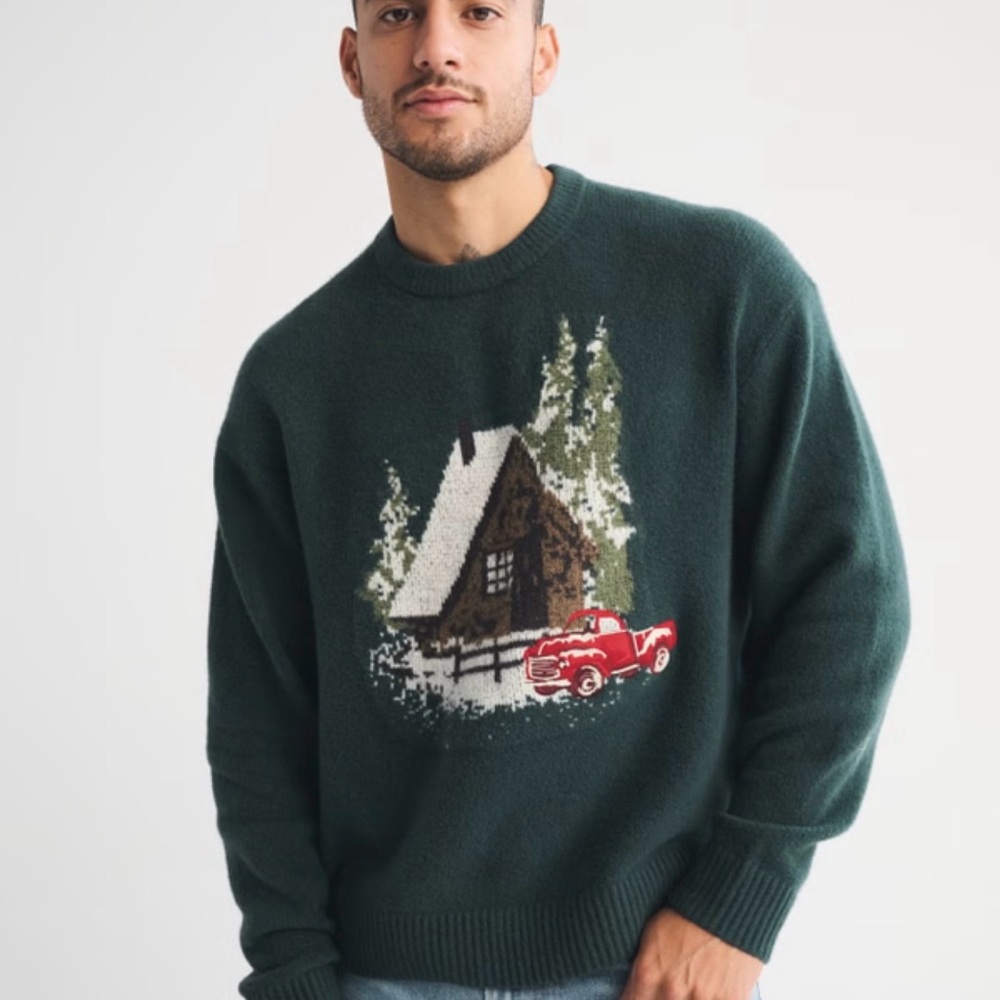 Icon Abercrombie & Fitch Forest Green Sweater with Cabin and Red Truck Design